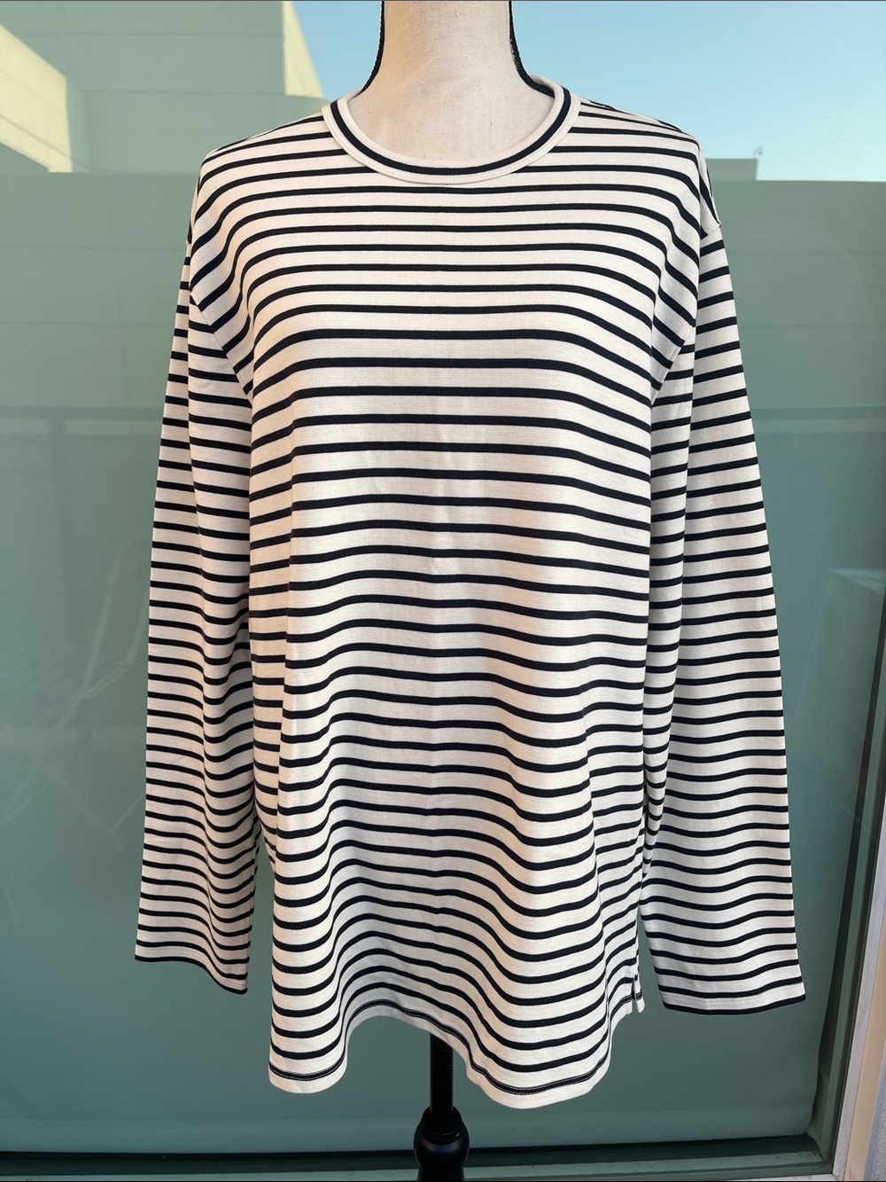 Vince Crew Neck Striped Long Sleeve Top Cream & Black